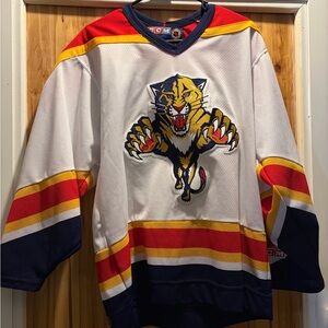 CCM Men's White Hockey Jersey with Red, Yellow, and Blue Stripes